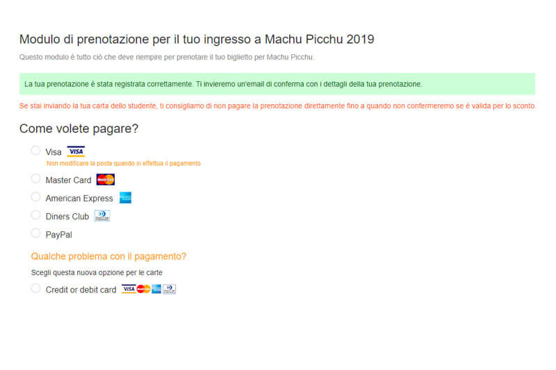 Pagamento Biglietto Machu Picchu Pagamento Biglietto Machu Picchu