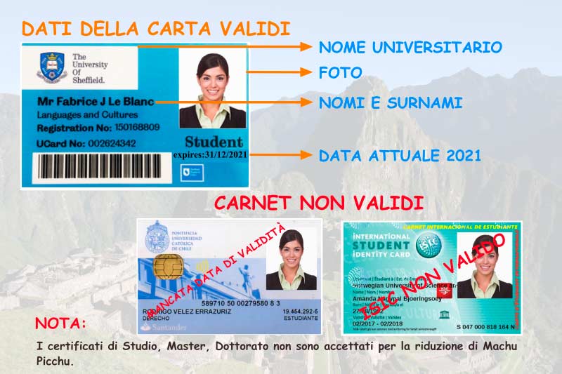 Card per prenotare il biglietto Machu Picchu con sconto per studenti