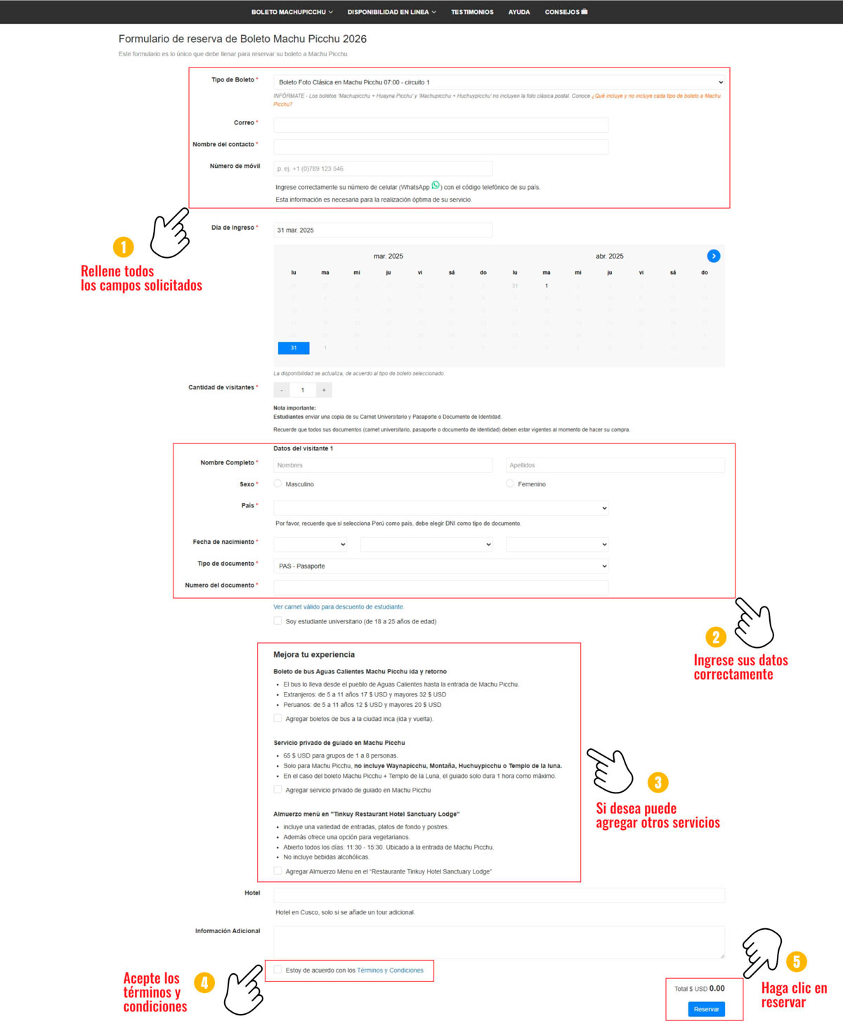 Modulo di prenotazione biglietti Machu Picchu